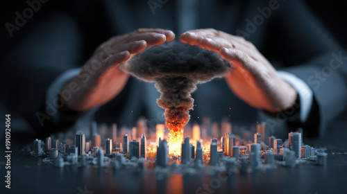 Crisis planning concept nuclear explosion mushroom cloud disaster management city destruction apocalypse risk protection catastrophic fire crisis