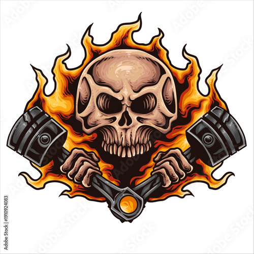 Flaming Skull Pistons Illustration