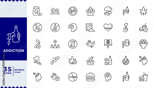 Addiction Stroke icon collections. Containing Gaming, Addiction, Overdose, Treatment, Phone Addiction, Medication, Sugar, and Alcoholism icons. Editable Stroke icon collection