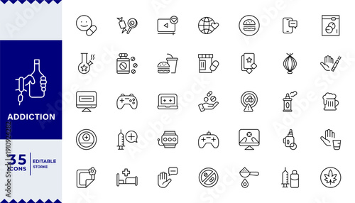 Addiction Stroke icon collections. Containing Gaming, Addiction, Overdose, Treatment, Phone Addiction, Medication, Sugar, and Alcoholism icons. Editable Stroke icon collection