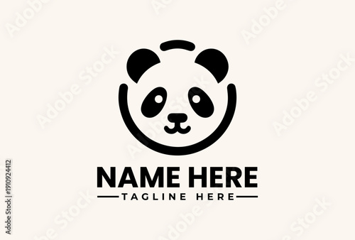A minimalist panda logo illustration with a simple face design and placeholder text on a beige background, featuring a circular shape and bold black lines, ideal for branding or icon use.