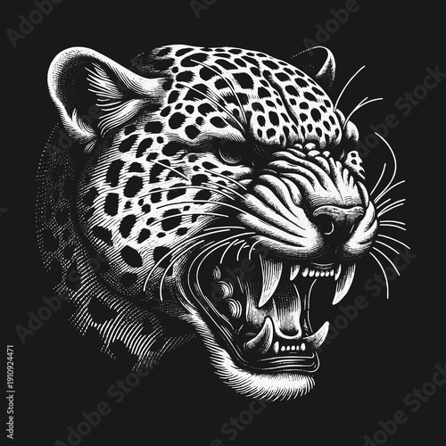Intense Leopard Portrait: A Striking Black and White Illustration.