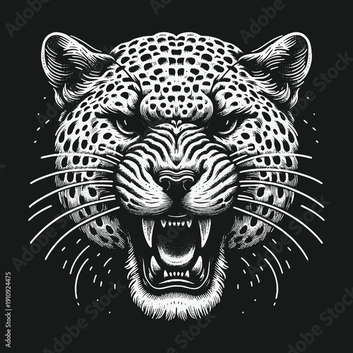 Intense Leopard Portrait: A Striking Black and White Illustration.