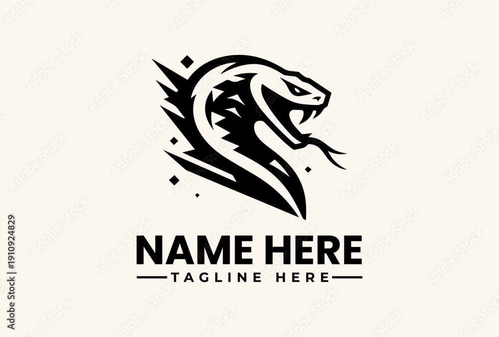 Naklejka premium A black and white illustration of a snake's head with a bold, modern design, featuring the text 'NAME HERE' and 'TAGLINE HERE' on a clean, beige background.