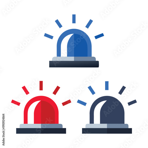 Three police emergency lights with blue red and dark blue colors police light blue light