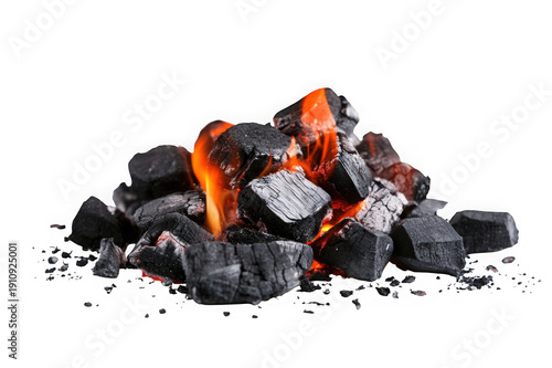 Glowing red hot burning charcoal embers with orange flames on black background coals fire