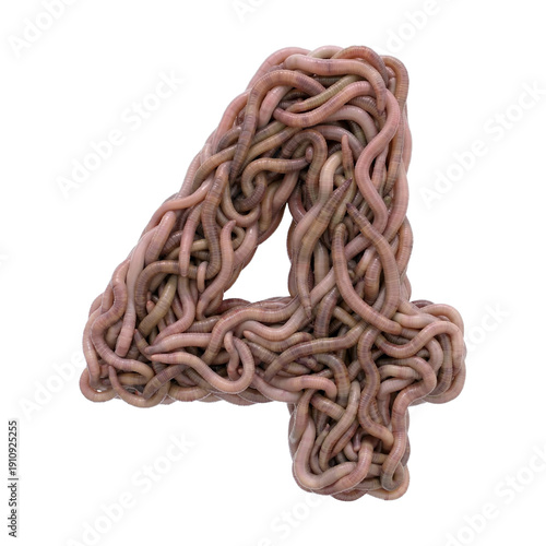 earthworm number 4 - Earthworm digit isolated on white background. This alphabet is perfect for creative illustrations related to gardening, compost, horror concept. Generative AI