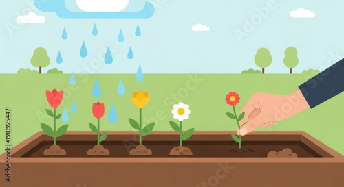 Gardening illustration planting flowers in soil with rain falling from clouds concept of growth and nature flat design