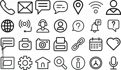 Collection of various modern line style web and communication icons on white background