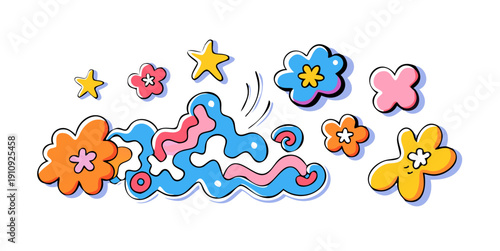 Abstract cloud and flower shapes sticker pack. Groovy funky flower, bubble, star, loop, waves in trendy retro 90s 00s cartoon style. Vector illustration with wavy and spiral elements .vector icons