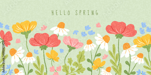 Spring horizontal banner with hand drawn bloom flowers of field.  Perfect for spring holidays, Mother's Day, Easter, Women's Day. Background with beautiful meadow flowers. Vector illustration.