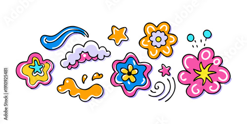 Abstract cloud and flower shapes sticker pack. Groovy funky flower, bubble, star, loop, waves in trendy retro 90s 00s cartoon style. Vector illustration with wavy and spiral elements .vector icons