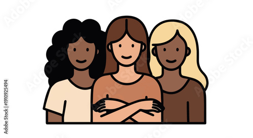 Diverse Group of Smiling Women Standing Together, Showcasing Unity, Friendship, and Empowerment in a Vibrant Illustration