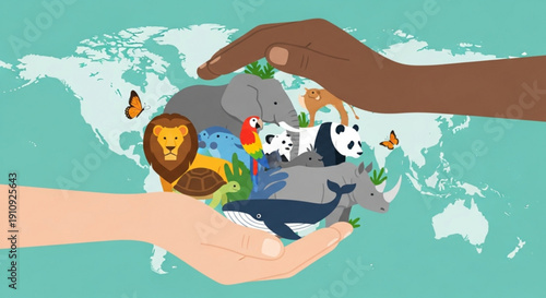 Diverse animals protected by hands on world map background concept of conservation and biodiversity flat vector illustration
