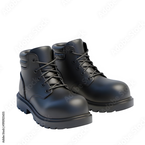 Pair of black leather work boots with laces on white background