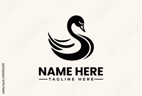 A stylized black swan logo with a placeholder name and tagline on a clean white background, featuring a vector illustration design.