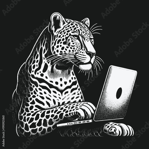 Leopard Working on Laptop: A Study in Focus and Determination.