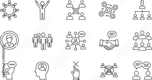Business collaboration and human resources line icon set featuring team meeting, successful leadership, corporate networking, handshake partnership, and organizational hierarchy.