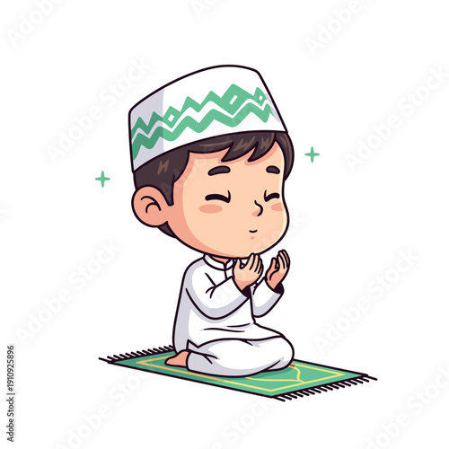Small boy character kneeling and praying on a mat
