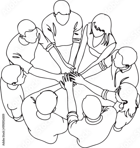 Line drawing of diverse group of people putting their hands together in a circle