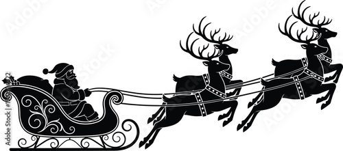 Vector illustration of Santa Claus in sleigh with reindeer silhouettes symbolizing Christmas, folklore, holiday, winter, and festive design