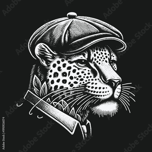 Leopard in Newsboy Cap: A Stylish Feline Portrait in Black and White.