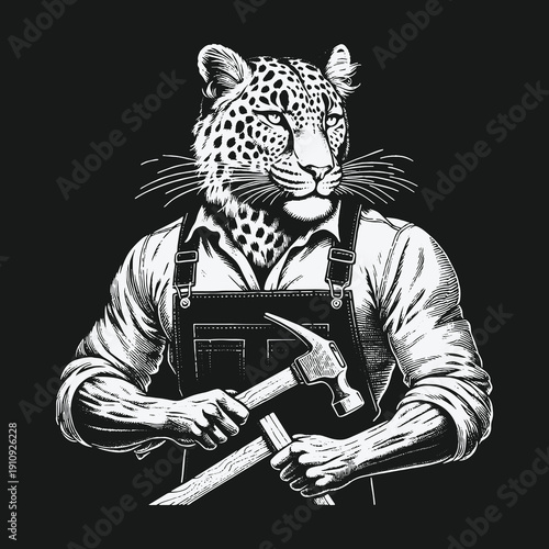 Leopard Craftsman: A Detailed Black and White Illustration of a Skilled Animal.