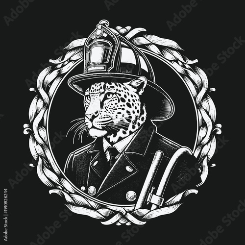 Leopard Firefighter Portrait: A Unique and Striking Illustration.