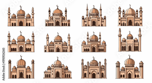 Collection of Twelve Hand drawn Mosque Illustrations Featuring Various Islamic Architectural Styles and Symbols
