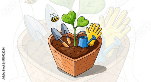 Heart shaped planter with seedling gardening tools and bee symbolizing love for nature and growth perfect for spring or eco c