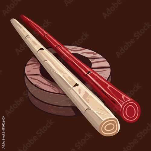 Two sets of chopsticks laying on a decorative wooden block and parchment - Vector Illustration