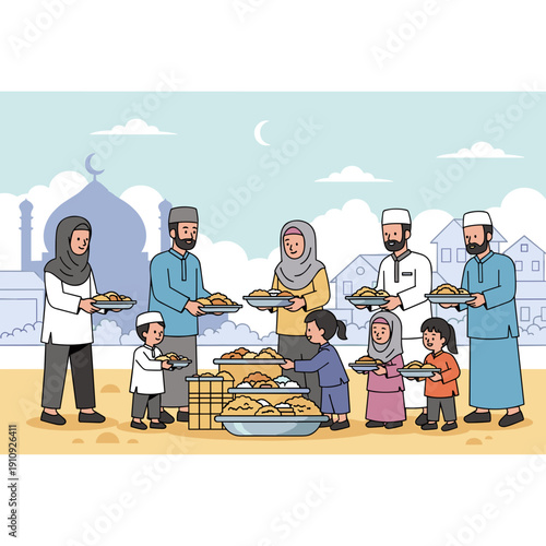 People standing in line to receive food charity at mosque