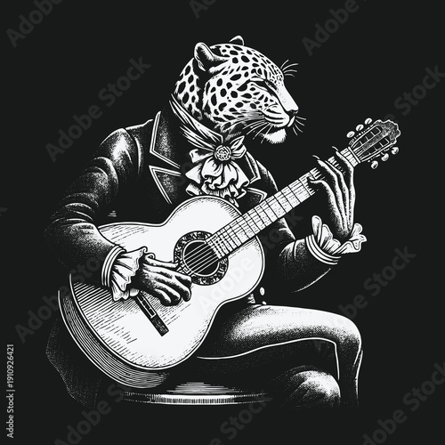 Leopard Musician: A Vintage Illustration of a Feline Guitarist.