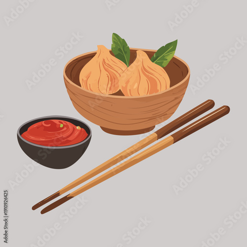 Asian dumplings in a bamboo basket with dipping sauce and wooden chopsticks - Vector Illustration