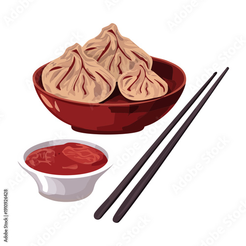 Bowl of steamed chinese dumplings served with a side of dipping sauce - Vector Illustration