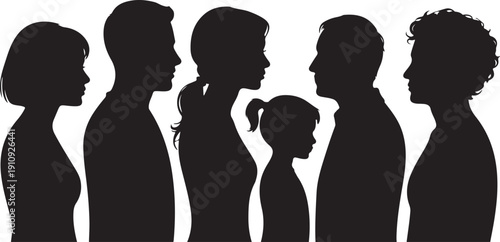 Silhouettes of people standing in a row facing right side profile