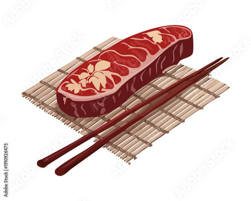 Thick beef steak resting on a bamboo mat with decorative wooden chopsticks - Vector Illustration