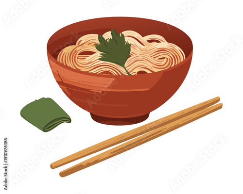 Hot bowl of ramen noodles with greens and wooden chopsticks on side - Vector Illustration