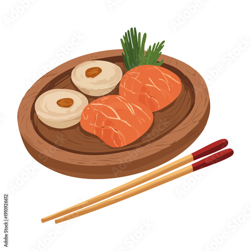 Slices of salmon and rice on a wooden platter with bamboo chopsticks - Vector Illustration