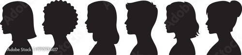 Six black silhouettes of diverse people profiles facing right side isolated on white background