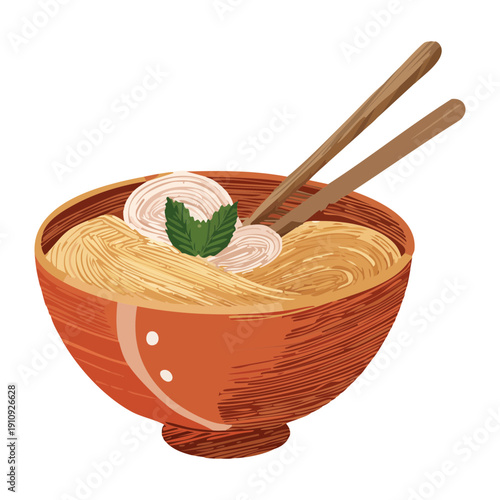 Bowl of ramen with egg and greens served with wooden chopsticks set - Vector Illustration