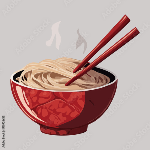 Deep red bowl of noodles with steam and chopsticks on a gray surface - Vector Illustration