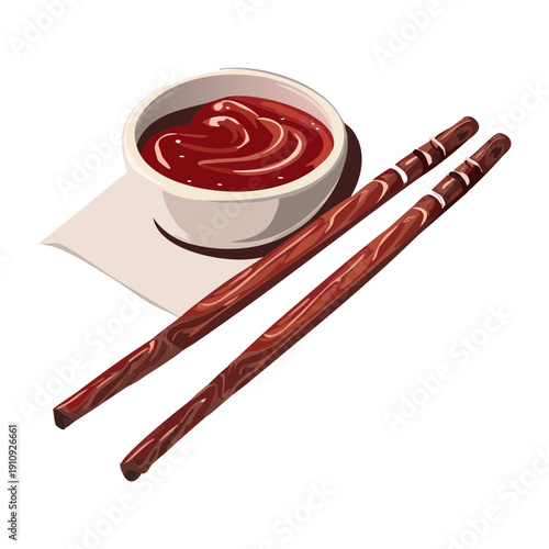 Bowl of red dipping sauce with wooden chopsticks on a simple setting - Vector Illustration
