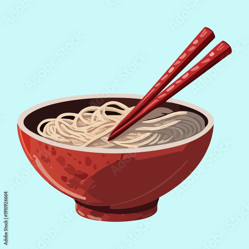 Simple bowl of noodle soup with chopsticks on a pale blue background - Vector Illustration