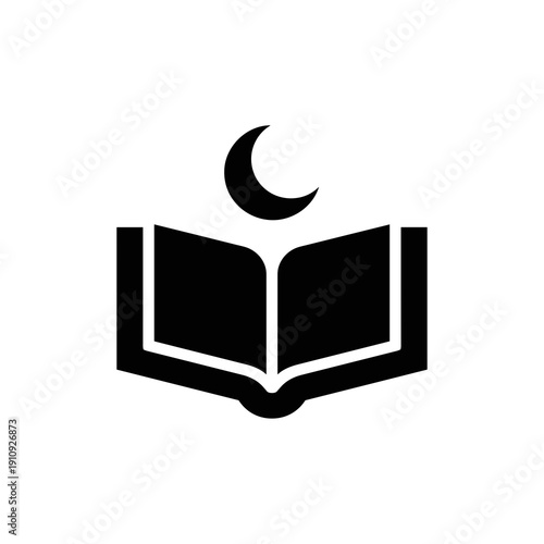 Simple black silhouette icon of an open book with crescent