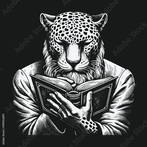 Leopard Anthropomorphic Character Reading a Book with Intense Focus.