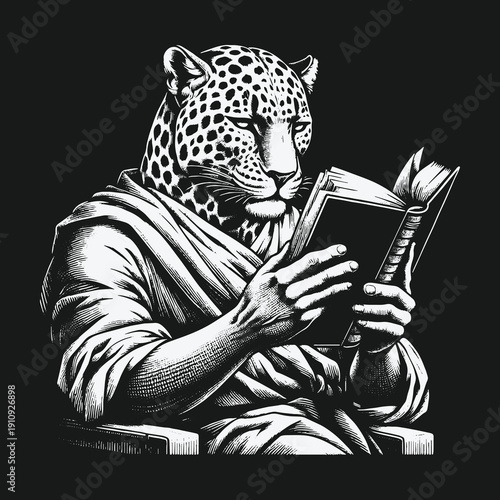 Leopard Scholar: A Detailed Illustration of a Reading Feline.
