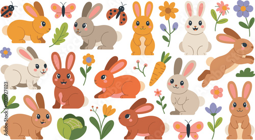 Large cute rabbit vector collection featuring adorable bunnies in various poses with carrots flowers butterflies and garden