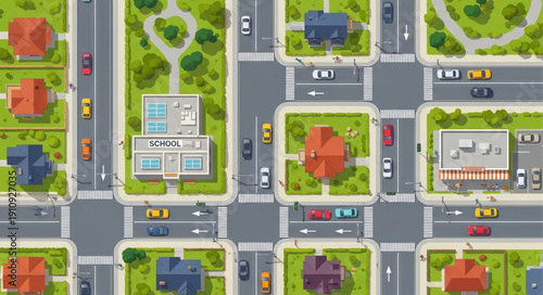 Cartoon City Block with Buildings.