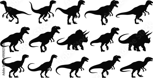 Vector illustration of dinosaur silhouettes showing fifteen species in rows, prehistoric animal shapes for paleontology education and design artwork